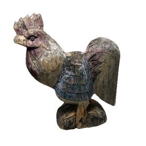 Vintage Hand Carved Wooden Rooster Figurine Rustic Farmhouse Decor 13” Tall